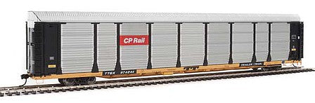 Walthers Proto 101329 HO Scale 89' Thrall Bi-Level Auto Carrier - Ready To Run -- Canadian Pacific Rack, TTGX Flatcar #974244 (black, silver; yellow Flat)