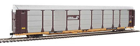 Walthers Proto 101333 HO Scale 89' Thrall Bi-Level Auto Carrier - Ready To Run -- Conrail Rack, TTGX Flatcar #159591 (Boxcar Red, silver; yellow Flat)