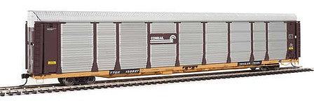 Walthers Proto 101334 HO Scale 89' Thrall Bi-Level Auto Carrier - Ready To Run -- Conrail Rack, TTGX Flatcar #158397 (Boxcar Red, silver; yellow Flat)