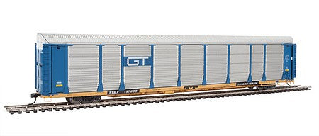 Walthers Proto 920-101335 HO Scale 89' Thrall Bi-Level Auto Carrier - Ready To Run -- Grand Trunk Western Rack, TTGX Flatcar #88090/157933 (blue, silver; yellow F