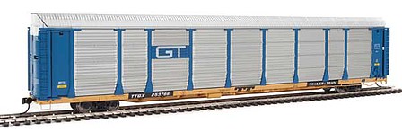 Walthers Proto 920-101338 HO Scale 89' Thrall Bi-Level Auto Carrier - Ready To Run -- Grand Trunk Western Rack, TTGX Flatcar #88113/253766 (blue, silver; yellow F