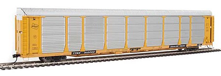 Walthers Proto 101340 HO Scale 89' Thrall Bi-Level Auto Carrier - Ready To Run -- Milwaukee Road Rack, TTGX Flatcar #910260 (yellow, silver; yellow Flat)