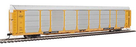 Walthers Proto 101341 HO Scale 89' Thrall Bi-Level Auto Carrier - Ready To Run -- Milwaukee Road Rack, TTGX Flatcar #910266 (yellow, silver; yellow Flat)