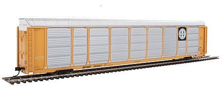 Walthers Proto 101413 HO Scale 89' Thrall Enclosed Tri-Level Auto Carrier - Ready to Run -- Burlington Northern Santa Fe Rack and Flat #303057 (yellow, Circle-Cross Log