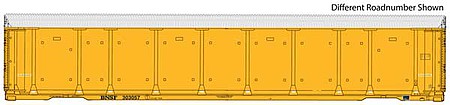 Walthers Proto 101416 HO Scale 89' Thrall Enclosed Tri-Level Auto Carrier - Ready to Run -- Burlington Northern Santa Fe Rack and Flat #303085 (yellow, Circle-Cross Log