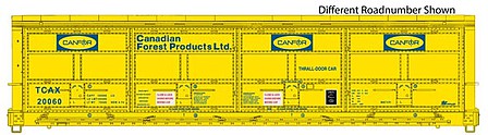 Walthers Proto 920-101922 HO Scale 56' Thrall All-Door Boxcar - Ready to Run -- Canfor TCAX #20066 (yellow, blue)