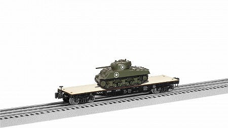 Lionel 1926712 O Scale 40' Flatcar with Sherman Tank Load - 3-Rail - Ready to Run -- New York Central 496271