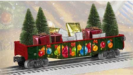Lionel 2028340 O Scale Gondola - 3-Rail - Ready to Run -- Angela Trotta Thomas (green, red, trees and gifts)
