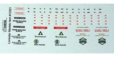 Lonestar Models 12021 HO Scale Vehicle Decal Set -- Weyerhaeuser, Boise Cascade, Hillside, Walton & Sons, Home Builder Supply