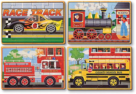 Melissa & Doug 3794 V Scale Vehicle Jigsaw Puzzles in a Box -- One 12-piece Puzzle of Each: Steam Locomotive, Race Car, School Bus, Fire En
