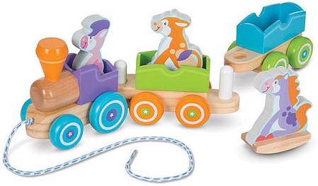 Melissa & Doug 4608 V Scale First Play Wooden Rocking Farm Animals Pull Train -- Loco with Pull Cord, 2 Cars, 3 Animals