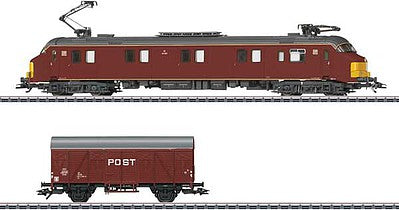 Marklin 26613 HO Scale Class mP 3000 Postal System Electric with Boxcar - 3-Rail - Sound and Digital -- Dutch State Railways NS PTT 3029 (Era IV 1977, Boxcar Red, yellow)
