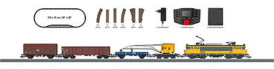 Marklin 29256 HO Scale Dutch Era V Electric Construction Train Starter Set - 3-Rail w/Horn & Digital -- Dutch State Railways NS Class 1600, Crane, 3 Cars, Track & Central Station