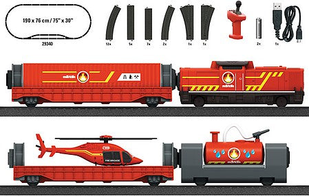 Marklin 29340 HO Scale Fire Department Battery Starter Set with Sound - My World -- Diesel Loco, 3 Cars, C-Track Oval with Siding, Remote Controller