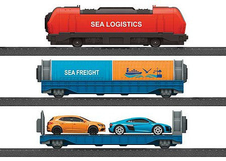 Marklin 29342 HO Scale Harbor Logistics Battery-Operated Starter Set with Plastic Track - My World -- Locomotive, 2 Flatcars, Plastic Track and Controller