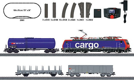 Marklin 29861 HO Scale Swiss Freight Train Starter Set - 3-Rail - Sound and Digital with Mobile Stati -- Swiss Federal Railways SBB Class RE 474 Electric, 3 Cars, C-Track Oval w-Sid