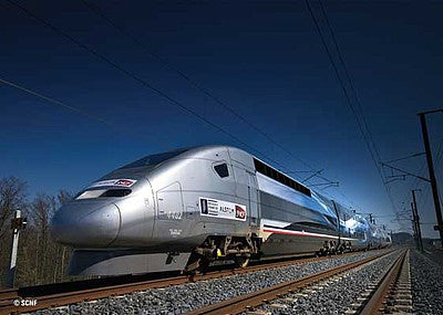 Marklin 37797 HO Scale TGV Duplex V 150 High-Speed 5-Car Train Only - 3-Rail - Sound and Digital -- French State Railways SNCF 4402 (Era VI 2007, silver, blue, Record Version)
