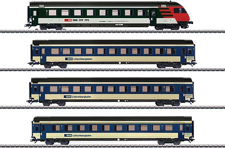 Marklin 42175 HO Scale Mark IV Express 4-Car Passenger Set - 3-Rail - Ready to Run -- Bern-Lotschberg-Simplon Railroad BLS (Era V 2000, blue, ivory and red, black