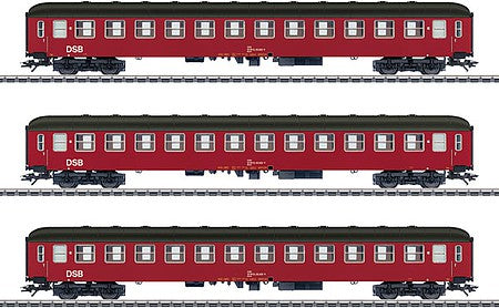 Marklin 42694 HO Scale Type Bcm 2nd Class Coach 3-Pack - 3-Rail - Ready to Run -- Danish State Railways DSB (Era IV, black, red)