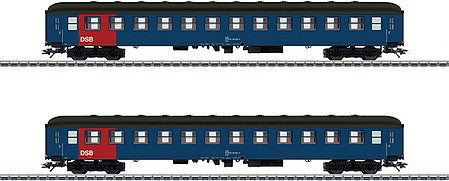 Marklin 42695 HO Scale Type Bcm 2nd Class Slumber Coach 2-Pack - 3-Rail - Ready to Run -- Danish State Railways DSB (Era IV, blue, black, red)