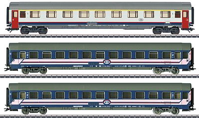 Marklin 42742 HO Scale Express Train 3-Car Passenger Set - 3-Rail - Ready to Run -- Belgian State Railways SNCB (Era VI, 2 Eurofima blue/white, 1 white, red, gr