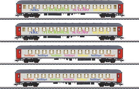 Marklin 42906 HO Scale Berlin-Malmo Express Compartment Car 4-Pack - 3-Rail - Ready to Run -- Swedish State Railways SJ (Era VI 2019, white, red, gray)