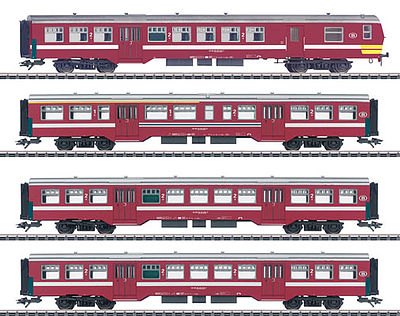 Marklin 43545 HO Scale 4-Car M2 Series Commuter Set w/Baggage-Cab Car - 3-Rail - Ready to Run -- Belgian State Railroad SNCB/NMBS (Era V, red, gray, white)