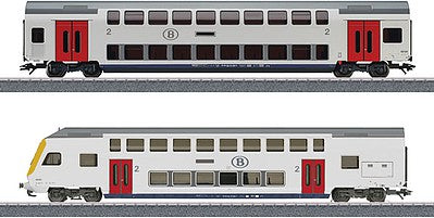 Marklin 43573 HO Scale Bi-Level 2nd Class Coach and Cab Control Car Set - 3-Rail - Ready to Run -- Belgian State Railways SNCB-NMBS (Era VI, white, red, gray)