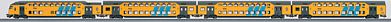 Marklin 43598 HO Scale Dutch Era V 1990s Bi-Level Commuter 4-Car Set - 3-Rail - Ready to Run -- 1 DDM2/3-Abv, 1 DDM2/3-Bvk Cab & 2 DDM2/3-Bv (yellow, blue)