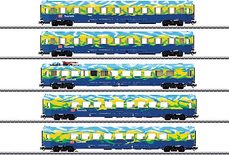 Marklin 43878 HO Scale 5-Car Tourism Passenger Set - 3-Rail - Exclusiv -- German Railroad DB AG (Era V 1995, Tourism Scheme, blue, yellow)