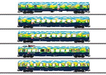 Marklin 43879 HO Scale Touristikzug 5-Car Passenger Set - 3-Rail - Exclusiv -- German Railroad DB AG (Era V, Touristik Scheme, blue, green)