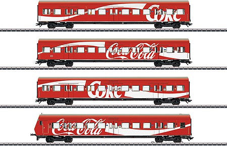 Marklin 43890 HO Scale 4-Car S-Bahn Passenger Set - 3-Rail - Ready to Run -- German Federal Railroad DB (Era V 1995, red, white, Coca-Cola Ad Scheme)