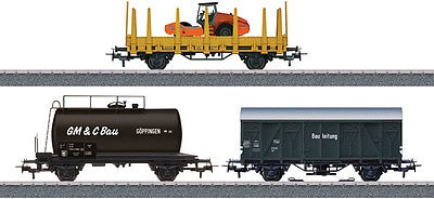 Marklin 44083 HO Scale Construction Site Freight Car Set - 3-Rail w/Sound & Digital - Start Up -- Stake Car w/Load, Tar Service Tank Car, Boxcar w/Digital Sound Decoder