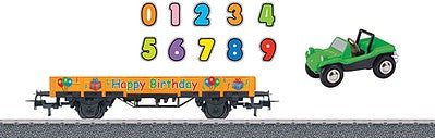 Marklin 44231 HO Scale Low-Side Gondola/Flatcar w/Dune Buggy Load - 3-Rail - Ready to Run -- Happy Birthday (yellow w/Stickers)