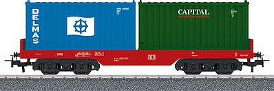 Marklin 44700 HO Scale Container Flatcar w/2 20' Containers- 3-Rail Ready to Run - Start Up -- German Railroad DB AG (Era V, red w/blue Delmas & green Capital Containers)