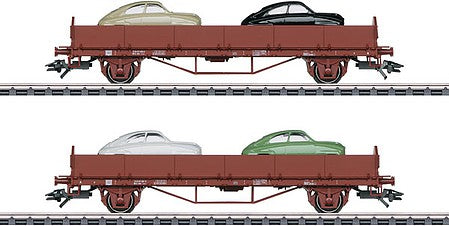 Marklin 45084 HO Scale Low-Side Stake Car with Saab Auto Load 2-Pack - 3-Rail - Ready to Run -- Swedish State Railways SJ (Era III, Boxcar Red)
