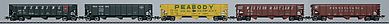 Marklin 45654 HO Scale 3-Bay Hopper 5-Pack - 3-Rail - Ready to Run -- 1 Each: WM, PRR, RDG, Texas & Pacific, Peabody Coal