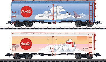 Marklin 45687 HO Scale Class R-40-14 40' Steel Ice Reefer 2-Pack - 3-Rail - Ready to Run -- Coca-Cola (2 Different Polar Bear Scenes, one in blue, one in orange-pink)