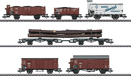 Marklin 46017 HO Scale Era II 7 Freight Car Set - 3-Rail - Ready to Run -- German State Railroad DRB - 2 Gondolas, 2 Boxcars, 2 Log Cars, Beer Reefer