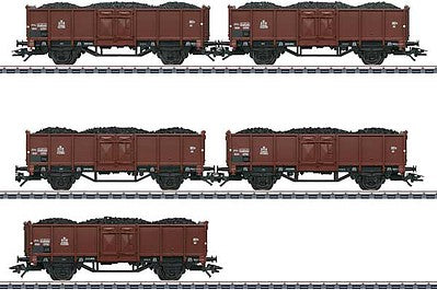 Marklin 46055 HO Scale UIC Type P High-Side Gondola with Coal Load 5-Pack - 3-Rail - Ready to Run -- Danish State Railways DSB (Weathered, Era III, Boxcar Red)