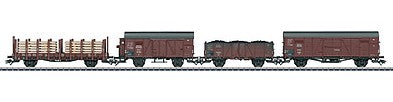 Marklin 46065 HO Scale Type GI Boxcar, Om Gondola, Gr Boxcar R Flatcar 4-Car Set - 3-Rail Ready to -- German State Railroad Company DRG (Era II, Boxcar Red)