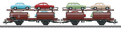 Marklin 46127 HO Scale Type Laae 52 Auto Transport Car w/VW Load - 3-Rail - Ready to Run -- German Federal Railway (Era III - IV 1960s, Boxcar Red)