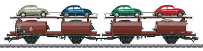 Marklin 46128 HO Scale Type Off 52 Auto Transport 2-Pack w/VW Beetle Load - 3-Rail Ready to Run -- German Federal Railroad DB (Era III 1960, Boxcar Red)