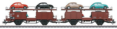 Marklin 46138 HO Scale Type Off 59 Auto Transport 2-Unit Set w/VW Beetle Load - 3-Rail Ready to Run -- German Federal Railroad DB (Era III 1964, Boxcar Red)