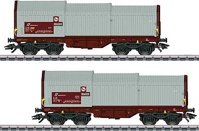 Marklin 46871 HO Scale Type Shimms Telescoping Cover Flatcar 2-Pack - 3-Rail - Ready to Run -- Italian State Railways FS (Era VI 2018, Boxcar Red, gray)