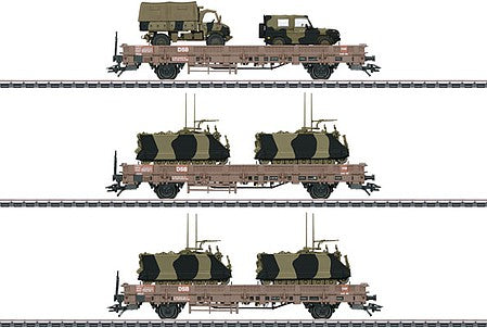 Marklin 46934 HO Scale Type Kbs Low-Side Car with Military Load 3-Pack - 3-Rail - Ready to Run -- Danish State Railways DSB (Era IV and V, Boxcar Red)