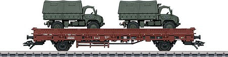 Marklin 46936 HO Scale Type Kbs 443 Stake Car with Unimog S404 Military Load - 3-Rail - Ready to Run -- German Federal Railroad DB (Era IV, Boxcar Red)