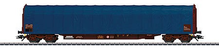 Marklin 47060 HO Scale Type Rilns Sliding Tarp Flatcar - 3-Rail - Ready to Run -- Swiss Federal Railways SBB CFF FFS (Era VI, Boxcar Red, blue Tarp)
