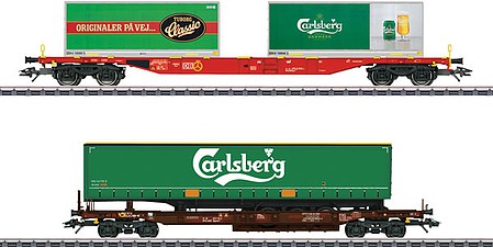 Marklin 47109 HO Scale Type KLV Well, Type Sdgmns Flatcar with Loads - 3-Rail - Ready to Run -- AAE Cargo, DB AG (Era VI 2020, 1 red, 1 brown, Carlsberg Van, Tuborg Contain