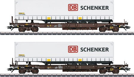Marklin 47110 HO Scale Type Sdgkkmms Deep-Well Flatcar with Load 2-Pack - 3-Rail - Ready to Run -- Rail Cargo Austria (Era VI, Boxcar Red, DB Schenker Canvas Trailers)